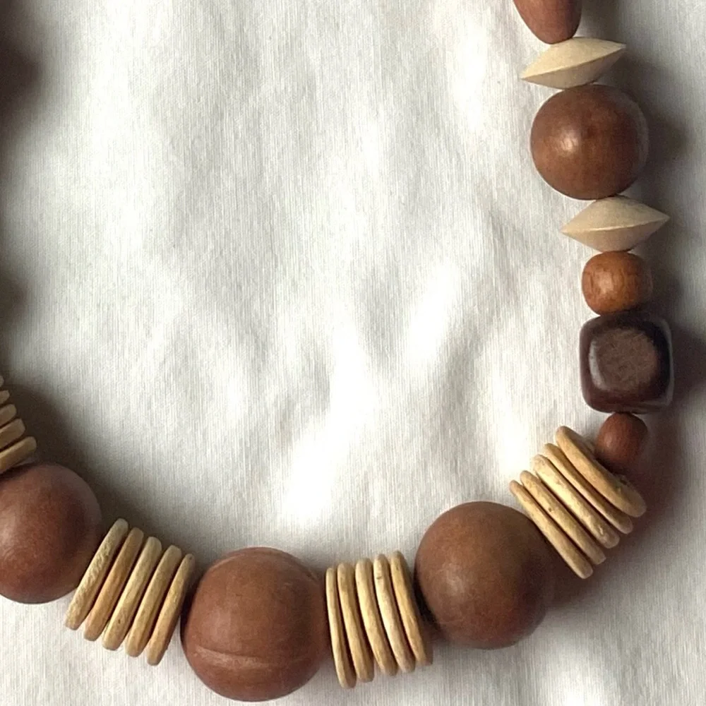 Statement Chunky Wood And Coconut Shell Bead Necklace Bohemian Tribal Brown